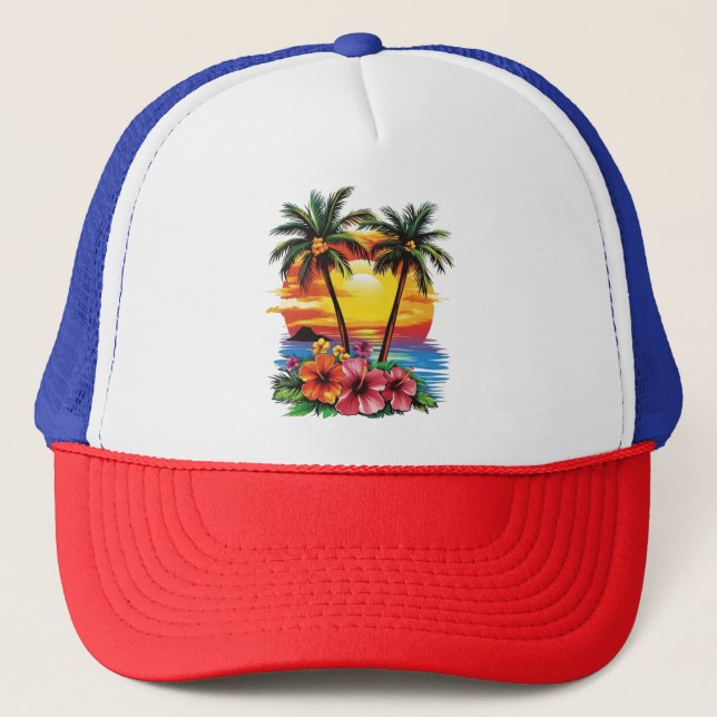Boné Tropical Sunset Trucker Hat - Palm Trees & Hibiscu (Frente)