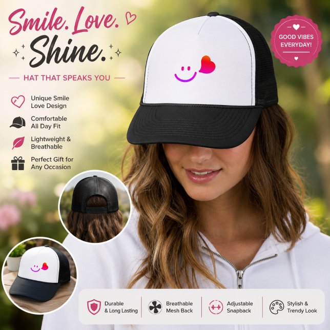 Boné Trucker de Rosto Sorridente Fofo com Coração (Criador carregado)