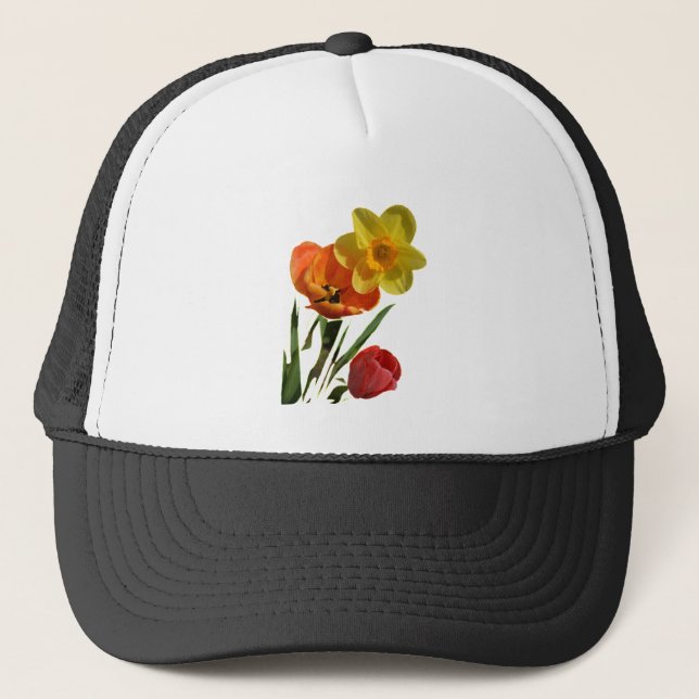 Boné Tulipas vermelhas e flores de narciso amarelo (Frente)