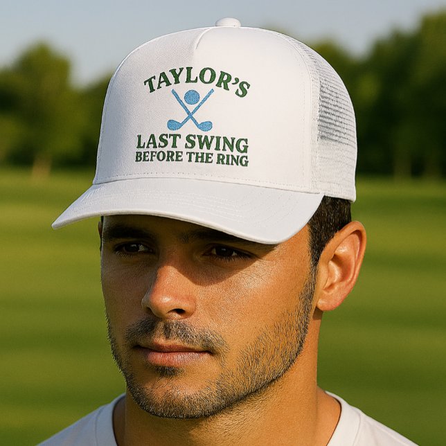 Boné Último Swing Antes do Anel de Golf Solteirão (Last Swing Before The Ring Golf Bachelor Trucker Hat
by Ricaso.  Fun for groom to be and his crew)