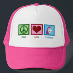 Boné Unicórnios de Paz e Amor<br><div class="desc">Um sinal verde de paz, um coração vermelho, e um unicórnio bonito com um belo homem roxo. Eu adoro animais de fantasia e unicórnios são meus favoritos. Adicione este lindo chapéu de unicórnio rosa à sua coleção.</div>