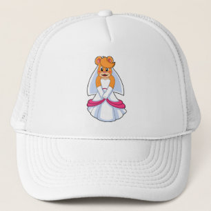 Boné Urso com vestido de noiva e véu