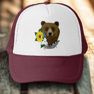 Boné Urso Pardo Flores Azuis Pena Vida Selvagem