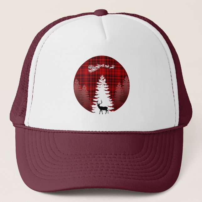 Boné veado natal árvore de natal xadrez vermelho (Frente)
