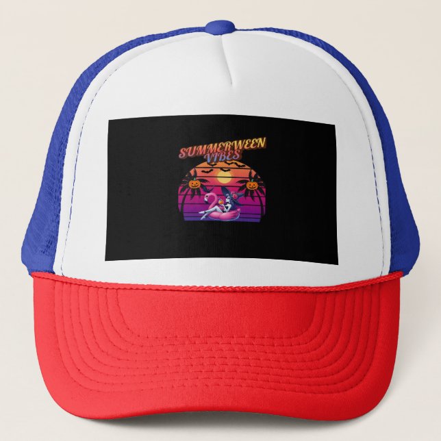 Boné Vibrações de Summerween Bruxa Flamingo Flutuante,  (Frente)