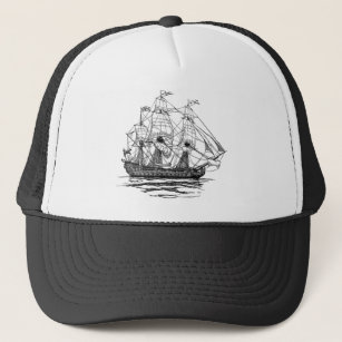 Boné Vintage Pirates Galleon, esboço de um navio de 74