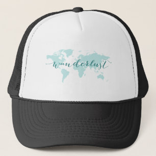 Boné Wanderlust, desejo viajar, mapa do mundo da