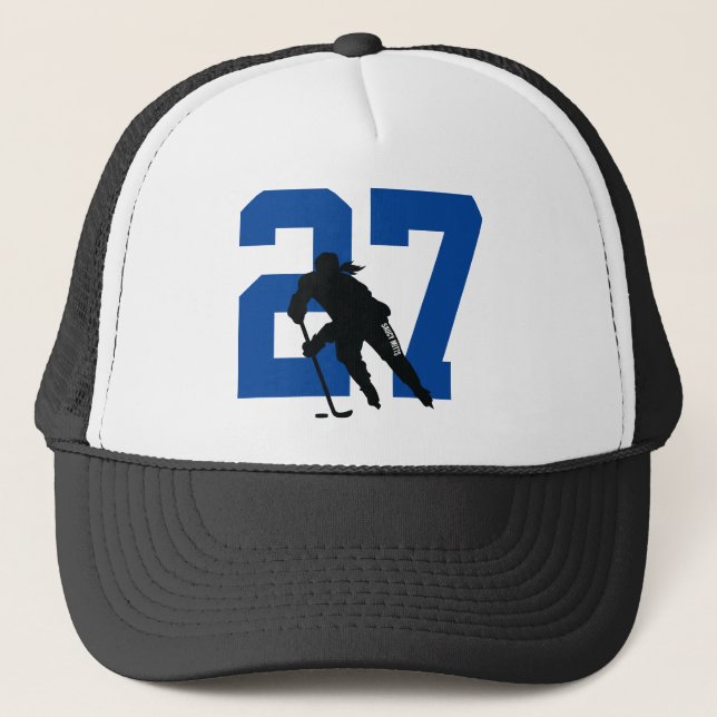 Boné Women's Custom Hockey Player Number Black and Blue (Frente)