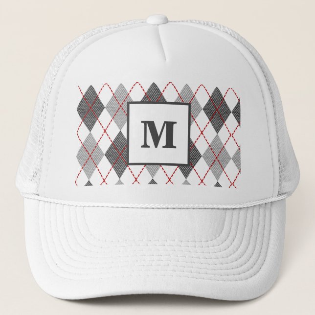 Boné Xadrez Argyle Vermelho Cinza Prata Golfe Monograma (Frente)