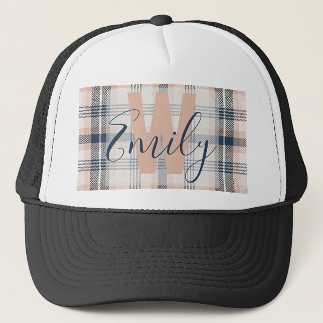 Boné Xadrez moderna Tartan Blue Cream Monograma (Frente)