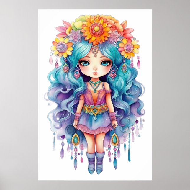 Boneca Bonita com Poster de Flores Amarelas (Frente)