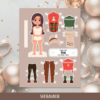 Boneca de Papel de Natal Menina Morena Vestido de