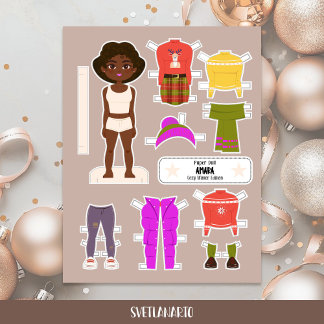 Boneca de Papel de Natal Menina Negra Roupas de In