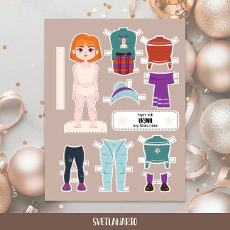 Boneca de Papel de Natal Menina Ruiva Roupas de In