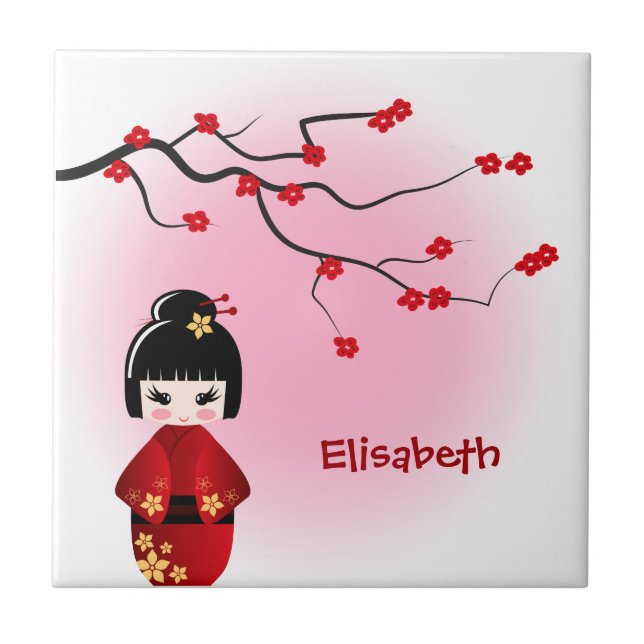 Boneca kokeshi japonesa em sakura floresce (Frente)