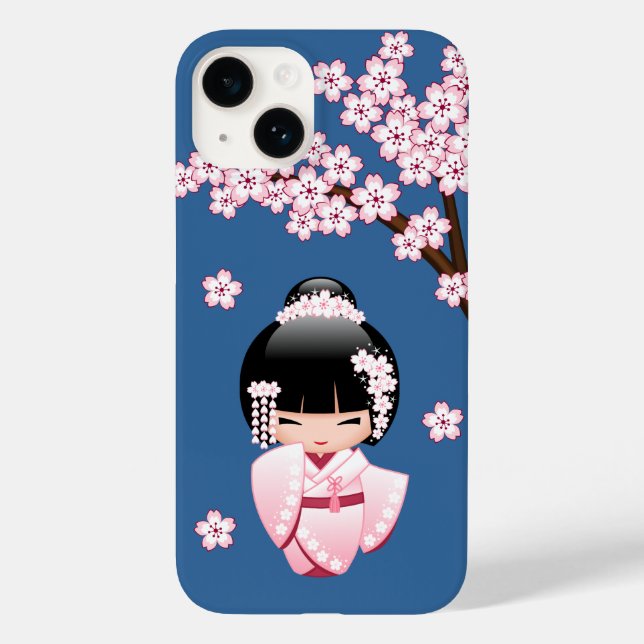 Boneca Kokeshi Kawaii Quimono Rosa no Azul (Verso)