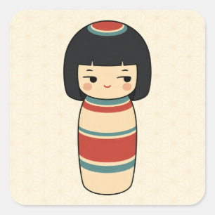 Boneca Kokeshi Olhar de Esquina Adesivo Quadrado