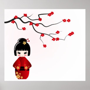 Boneca Kokeshi sob a poster da sakura
