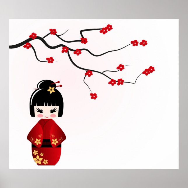 Boneca Kokeshi sob a poster da sakura (Frente)