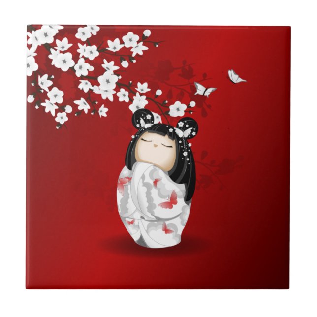 Bonecas Kokeshi Red Black White Cherry Blossoms (Frente)