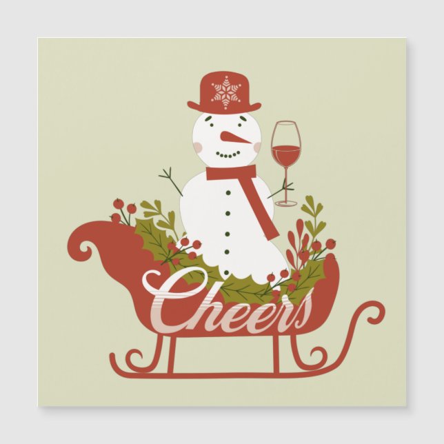 Boneco de Neve Brindando com Vinho e Trenó Ímã de  (Frente)