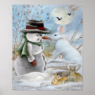 Boneco de neve e coelho que comem o impressão da