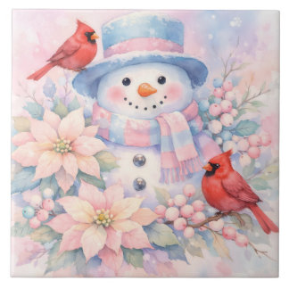 Boneco de Neve em Aquarela Pastel, Poinsettia e Ca