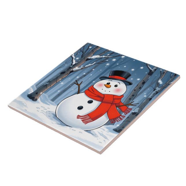 Boneco de neve na floresta fria com cachecol verme (Lateral)