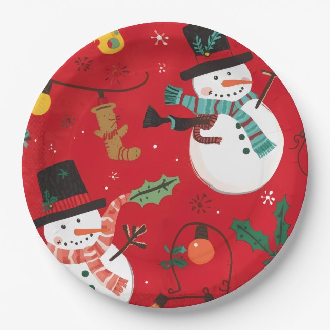 Boneco de neve prato de papel vermelho (Frente)
