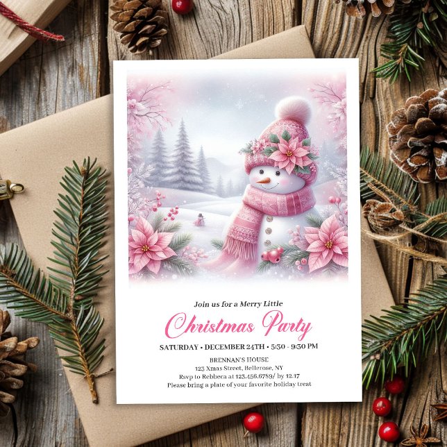 Boneco de Neve Rosa Alegre Convite de Natal Editáv (Merry Pink Snowman Editable Christmas Kids Invite Digital)