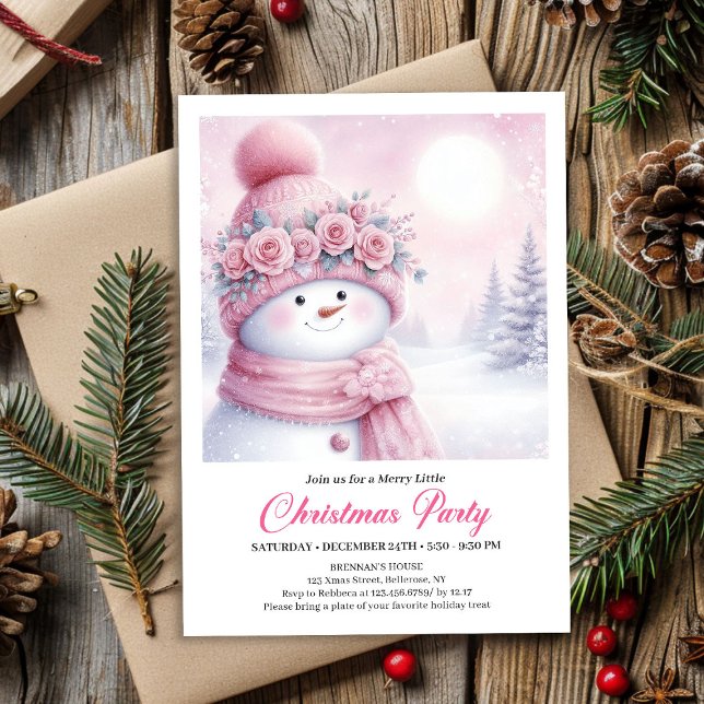 Boneco de Neve Rosa Suave Convite de Natal Infanti (Gentle Pink Snowman Editable Kids Christmas Invite File)