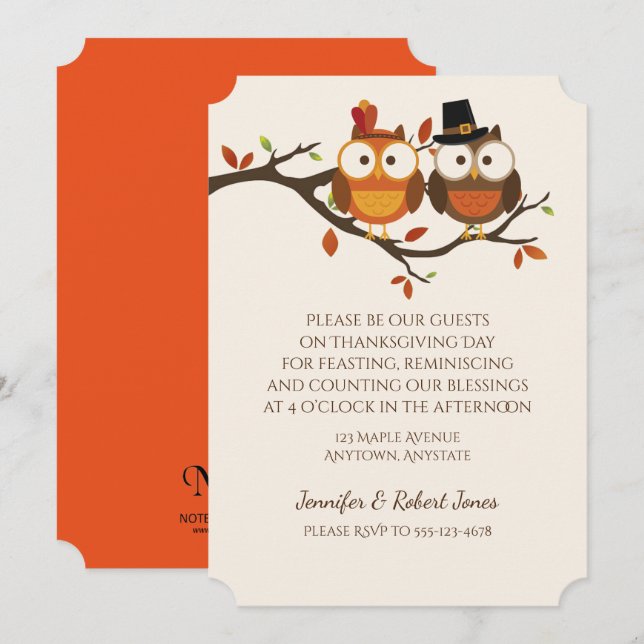Bonita Ação de Graças - Coruja Convite (Frente/Verso)