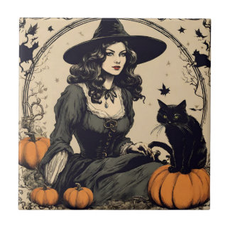 Bonita Bruxa de Halloween Vintage com Gato Negro