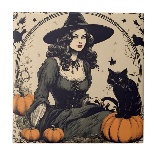 Bonita Bruxa de Halloween Vintage com Gato Negro (Frente)