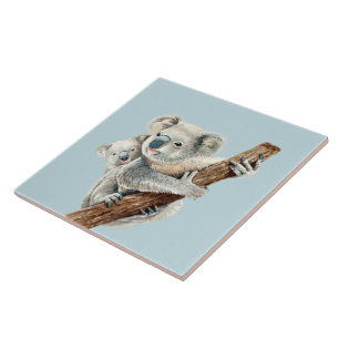 Bonita Mãe e Bebê, aquarela Koala, em azul de aço