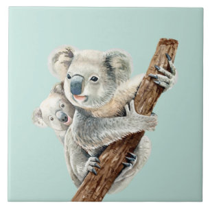 Bonita, Mãe e Bebê, aquarela Koala, em verde cla