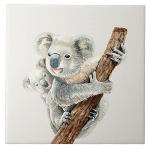 Bonita Mãe e Bebê de aquarela Koala em castanho cl