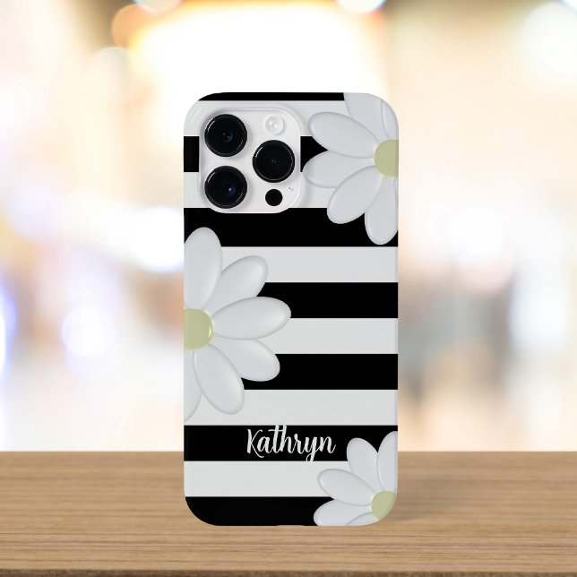 Bonita Margarida Floral Black and White Stripes (A cute black and white striped daisy phone case with space for your name)