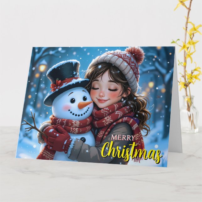 Bonita Menina E Cartão De Natal De Neve (Flor Amarela)