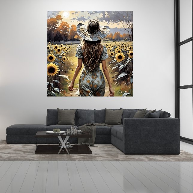 Bonita Mulher Caminhando Entre Girassóis Poster (Beautiful Woman Walking Among Sunflowers Poster Mockup 1)