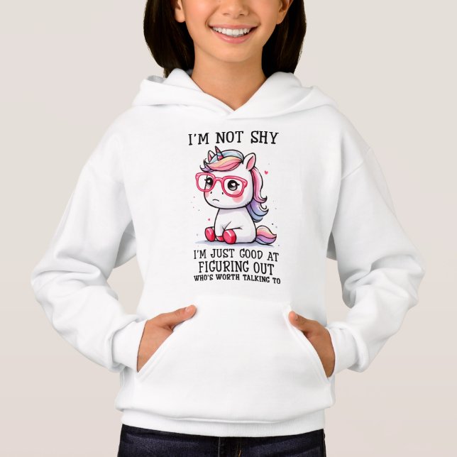 Bonita Nerdy Unicorn Girls Hoodie: Tímida e Adoráv (Frente)