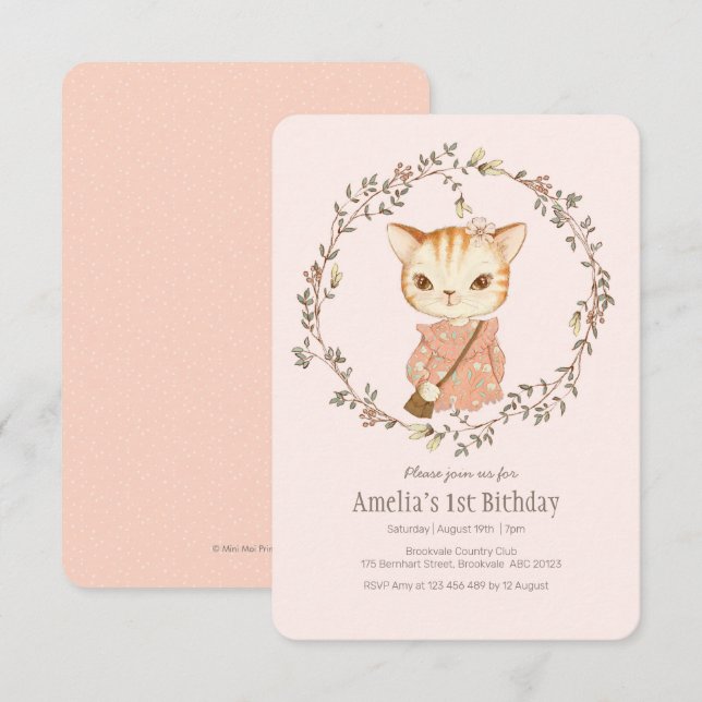 Bonita Vintage Gato Rapariga Convite de Aniversári (Frente/Verso)