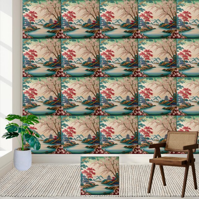 Bonito Blossom & Montanha Chinoiserie Arte Azulejo (Pretty Blossom & Mountain Chinoiserie Tile Art)