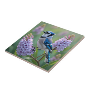 Bonito Blue Jay em pé nas filiais do Lilac