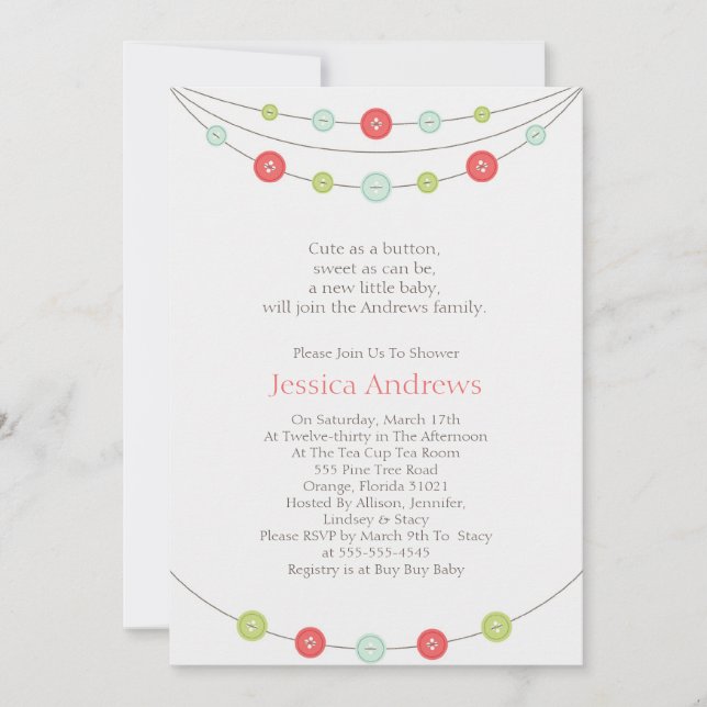 Bonito como um convite do chá de fraldas do botão (Frente)