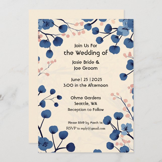 Bonito convite para o casamento da cereja azul (Frente/Verso)