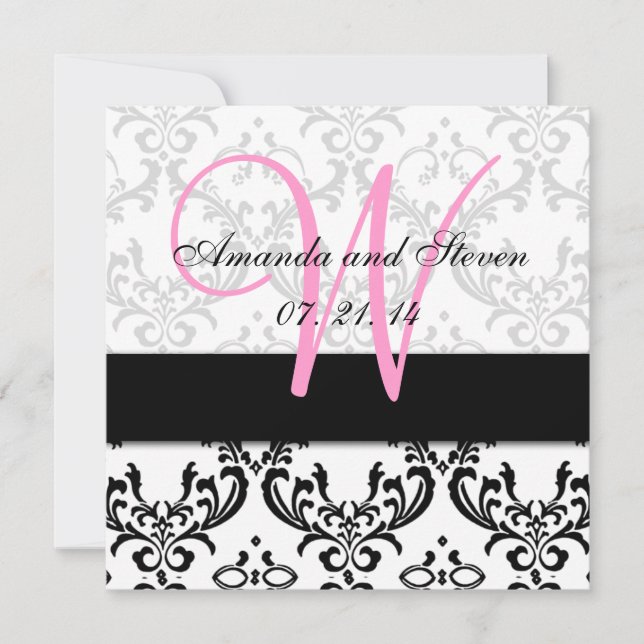 Bonito Damask Pink Monograma Convite de Casamento (Frente)