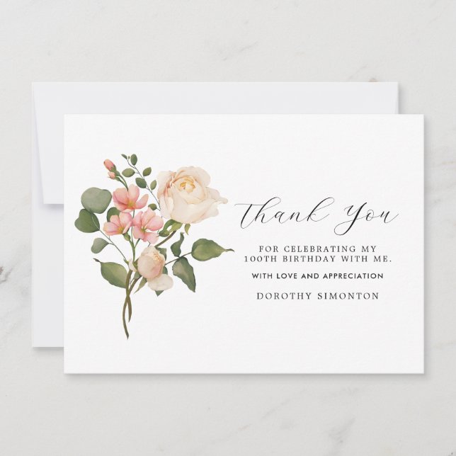Bonito Floral Branco Rosa 100º Aniversário Obrigad (Frente)