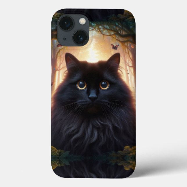 Bonito gato preto fluffy com olhos Dourados (Verso)