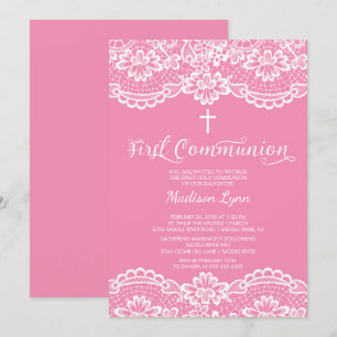 Bonito Lace Rosa Primeiro Sagrado Convite Comunit